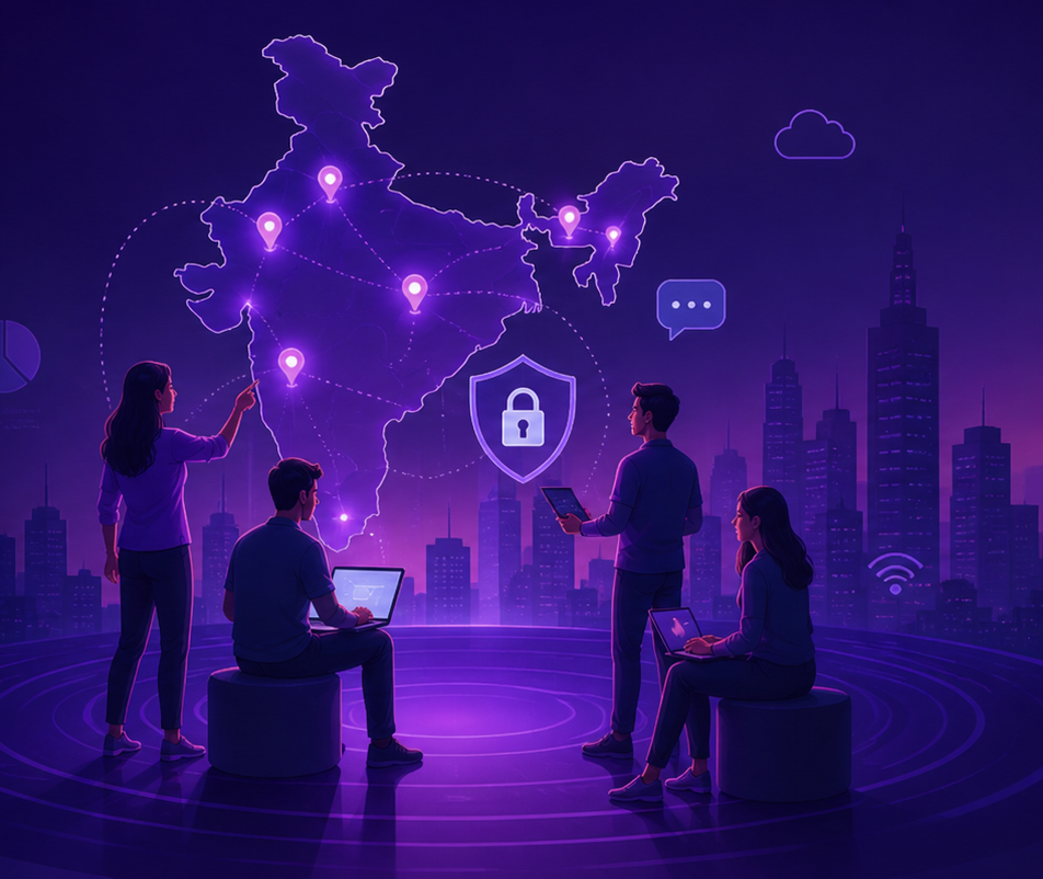 Illustration of AI-SEC community members collaborating around a glowing, connected map of India